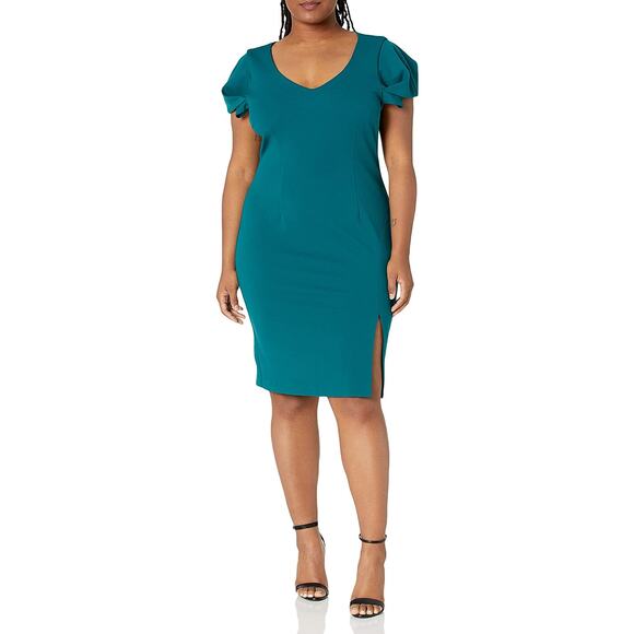 Trina Turk Tine Dress Cap Sleeve Slit Petrol Teal Blue Sheath Work Womens 10 - Picture 1 of 7